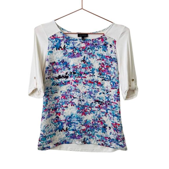 The Limited Printed Harper Top raglan half short sleeve white blue floral stripe - Picture 1 of 5